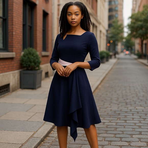 Nora Gardner Contrast Waistband‎ Pinto Midi Dress - /Navy Multi - L